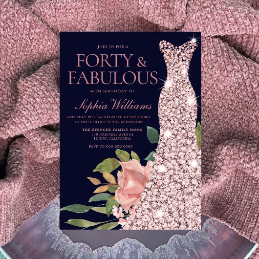 バラ金ゴールドドレス赤面フラワーネイビー40th誕生日 招待状