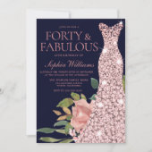 バラ金ゴールドドレス赤面フラワーネイビー40th誕生日 招待状 (正面)