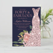 バラ金ゴールドドレス赤面フラワーネイビー40th誕生日 招待状 (スタンド正面)