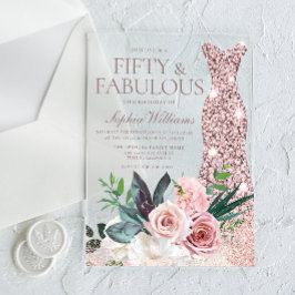 バラ金ゴールドドレス赤面フローラ女性50th誕生日 アクリル招待状