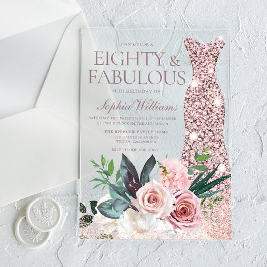 バラ金ゴールドドレス赤面フローラ80thバースデーパーティー アクリル招待状