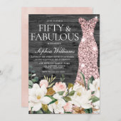 バラ金ゴールドドレス赤面ホワイトカントリー50th誕生日 招待状 (正面/裏面)