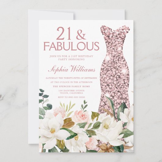 バラ金ゴールドドレス赤面ホワイト21st誕生日パーティー 招待状 (正面)