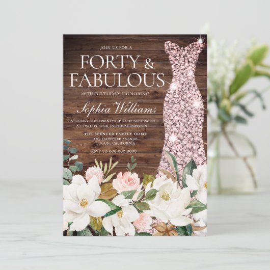 バラ金ゴールドドレス赤面ホワ素朴イト40歳の誕生日 招待状 (スタンド正面)