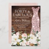 バラ金ゴールドドレス赤面ホワ素朴イト40歳の誕生日 招待状 (正面/裏面)