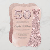 バラ金ゴールドドレス赤面水の色50th誕生日 招待状 (正面/裏面)