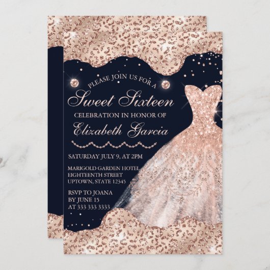 バラ金ゴールドドレス&グラムエッジズスウィート16 招待状 (正面/裏面)