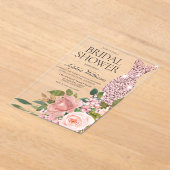 バラ金ゴールドドレス&赤面ピンクフラワーズブライダルシャワー アクリル招待状 (レイダウン)