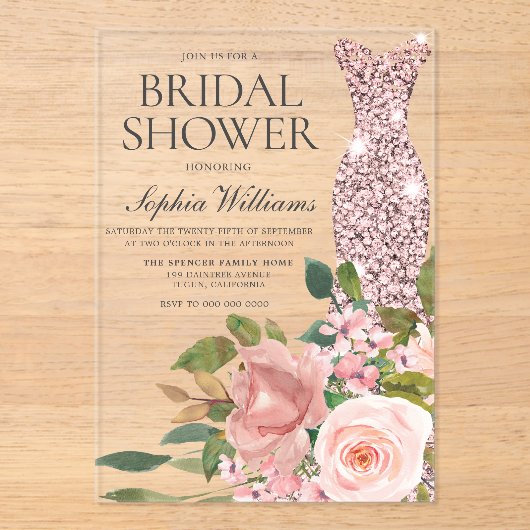 バラ金ゴールドドレス&赤面ピンクフラワーズブライダルシャワー アクリル招待状 (正面)