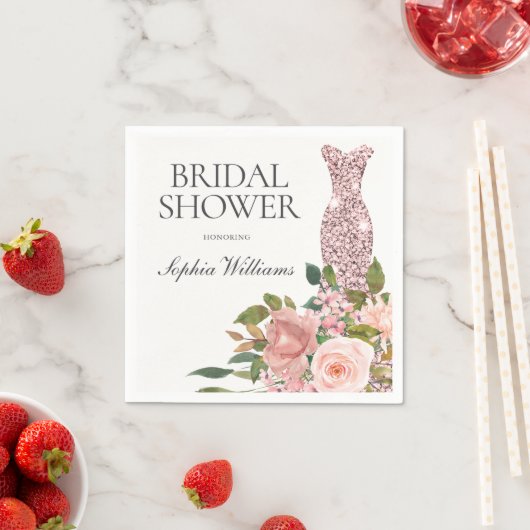 バラ金ゴールドドレス&赤面ピンクフラワーズブライダルシャワー スタンダードカクテルナプキン (インサイチュ)