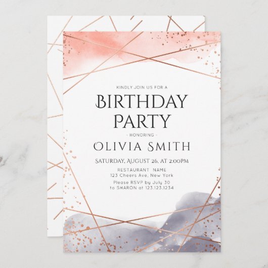 バラ金ゴールドドーンウォーターカラージオメトリックバースデーパーティー 招待状 (正面/裏面)