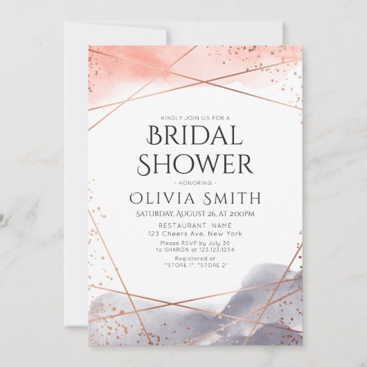 バラ金ゴールドドーンウォーターカラージオメトリックブライダルシャワー 招待状 (正面)