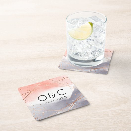 バラ金ゴールドドーンウォーターカラージオメトリック結婚ス スクエアペーパーコースター (インサイチュ)