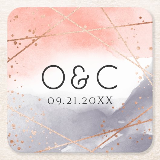 バラ金ゴールドドーンウォーターカラージオメトリック結婚ス スクエアペーパーコースター (正面)