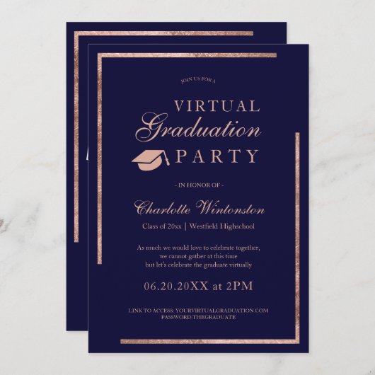 バラ金ゴールドネイビーの青い写真バーチャル卒業 招待状 (正面/裏面)