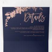 バラ金ゴールドネイビーエレガントブルー結婚スクリプト 三つ折り招待状 (内部最初)