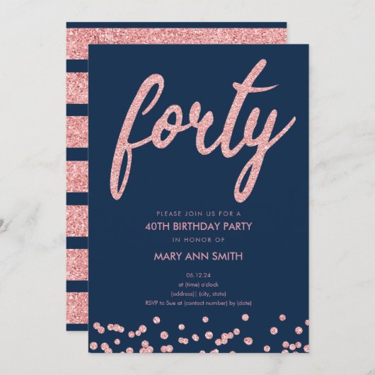バラ金ゴールドネイビーグリッター40th誕生日パーティー 招待状 (正面/裏面)