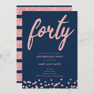 バラ金ゴールドネイビーグリッター40th誕生日パーティー 招待状