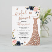 バラ金ゴールドネイビードレスブライダルシャワーフォイル招待状 箔招待状 (立ち正面)