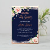 バラ金ゴールドネイビーフローラキンセアニェラ誕生日 箔招待状 (立ち正面)