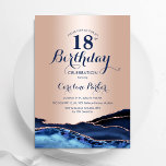 バラ金ゴールドネイビーブルーアガテマーブル18誕生日<br><div class="desc">ネイビーブルーとバラ金ゴールドは18th誕生日パーティーの招待を集めた。モダン青いエレガント水色のフェイクデザイン大理石のゲードの背景王室の、グリッターバラ金ゴールドおよびタイポグラフィスクリプトフォントを備えた。トレンディー招待状カードは女性スタイリッシュの日のお祝いに最適。印刷されたZazzle招待状または即時ダウンロードのデジタル印刷可能なテンプレート。</div>