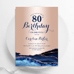 バラ金ゴールドネイビーブルーアガテマーブル80th誕生日 招待状<br><div class="desc">ネイビーブルーとバラ金ゴールドは80th誕生日パーティーの招待を集めた。モダン青いエレガント水色のフェイクデザイン大理石のゲードの背景王室の、グリッターバラ金ゴールドおよびタイポグラフィスクリプトフォントを備えた。トレンディー招待状カードは女性スタイリッシュの日のお祝いに最適。印刷されたZazzle招待状または即時ダウンロードのデジタル印刷可能なテンプレート。</div>