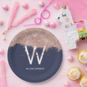 バラ金ゴールドネイビーブルーガーリーグリッターダストモノグラム ペーパープレート (パーティー)