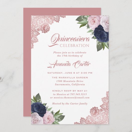 バラ金ゴールドネイビーブルーキンセアニラ15誕生日 招待状 (正面/裏面)