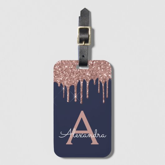 バラ金ゴールドネイビーブルーグリッタースパークルモノグラム ラゲッジタグ (正面縦)