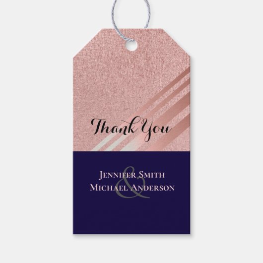 バラ金ゴールドネイビーブルーグリッターフォイルルック結婚ス ギフトタグ (正面)