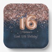 バラ金ゴールドネイビーブルースウィート16thバースデーパーティー ペーパープレート (正面)