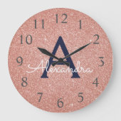 バラ金ゴールドネイビーブルースパークルグリッターモノグラム名 ラージ壁時計 (正面)