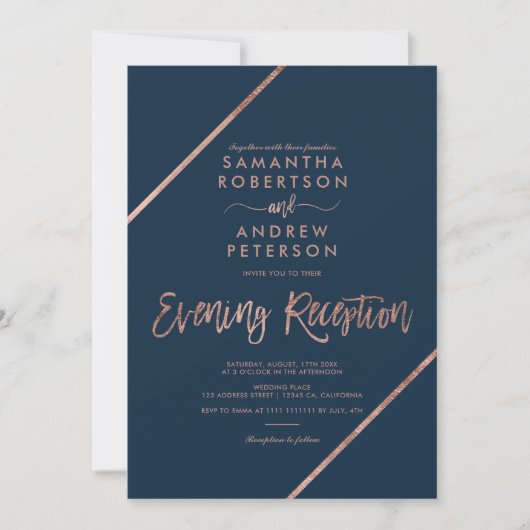 バラ金ゴールドネイビーブルータイポグラフィ結婚夕べ 招待状 (正面)