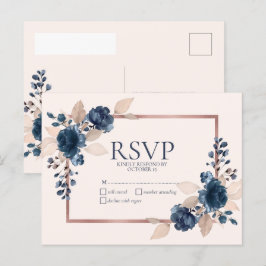 バラ金ゴールドネイビーブルーダスティピンクフローラなしメニューRSVP インビテーションポストカード