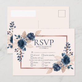 バラ金ゴールドネイビーブルーダスティピンクフローラウェディングRSVP インビテーションポストカード
