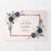 バラ金ゴールドネイビーブルーダスティピンクフローラズ 三つ折り招待状 (カバー)