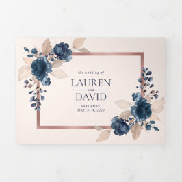 バラ金ゴールドネイビーブルーダスティピンクフローラズ 三つ折り招待状