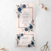 バラ金ゴールドネイビーブルーダスティピンクフローラズ 三つ折り招待状 (内部)