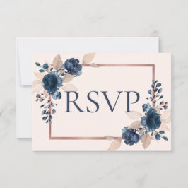 バラ金ゴールドネイビーブルーダスティピンクフローラ結婚式RSVP 出欠カード