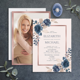 バラ金ゴールドネイビーブルーピンクフローラ写真結婚の 招待状