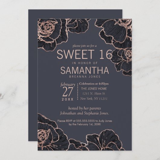 バラ金ゴールドネイビーブルーフラワーズスウィート16招待状 招待状 (正面/裏面)