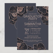 バラ金ゴールドネイビーブルーフラワーズ卒業パーティー 招待状 (正面/裏面)