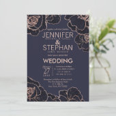 バラ金ゴールドネイビーブルーフラワーズ結婚式招待状 招待状 (スタンド正面)