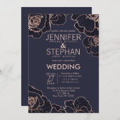 バラ金ゴールドネイビーブルーフラワーズ結婚式招待状 招待状 (正面/裏面)