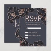 バラ金ゴールドネイビーブルーフラワーズRSVPカード 出欠カード (正面/裏面)