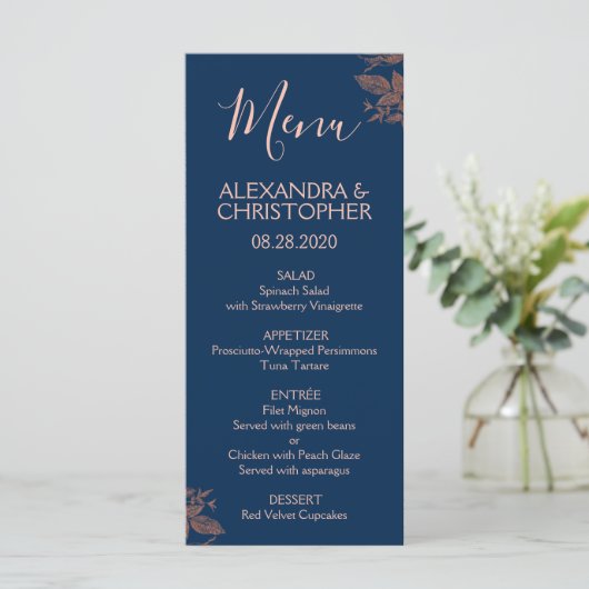 バラ金ゴールドネイビーブルーフローラエレガントウェディングメニュー メニュー (スタンド正面)