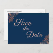 バラ金ゴールドネイビーブルーフローラ保存日付 案内ポストカード (正面/裏面)