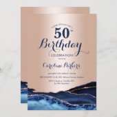 バラ金ゴールドネイビーブルーマーブル50th誕生日 招待状 (正面/裏面)