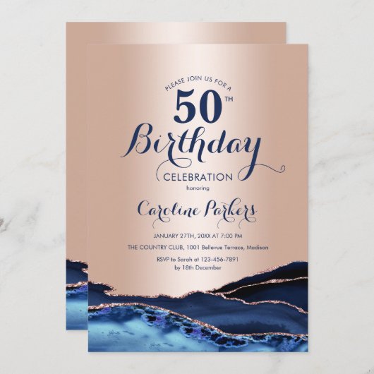 バラ金ゴールドネイビーブルーマーブル50th誕生日 招待状 (正面/裏面)