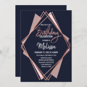 バラ金ゴールドネイビーブルームーブジオメトリ誕生日 招待状 (正面/裏面)